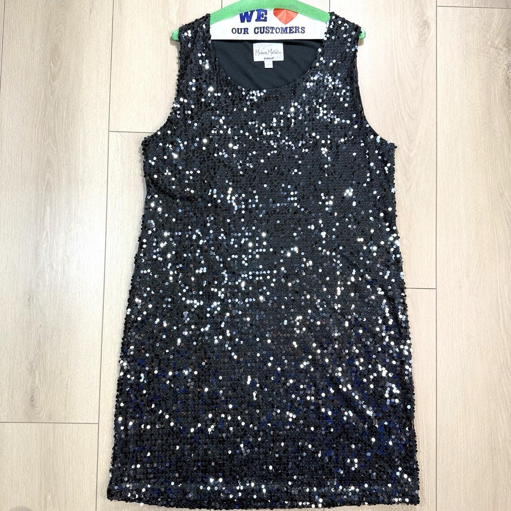 Avenue Modern Metallics Black Sequin Sleeveless Shift Dress 18/20 Party Cocktail